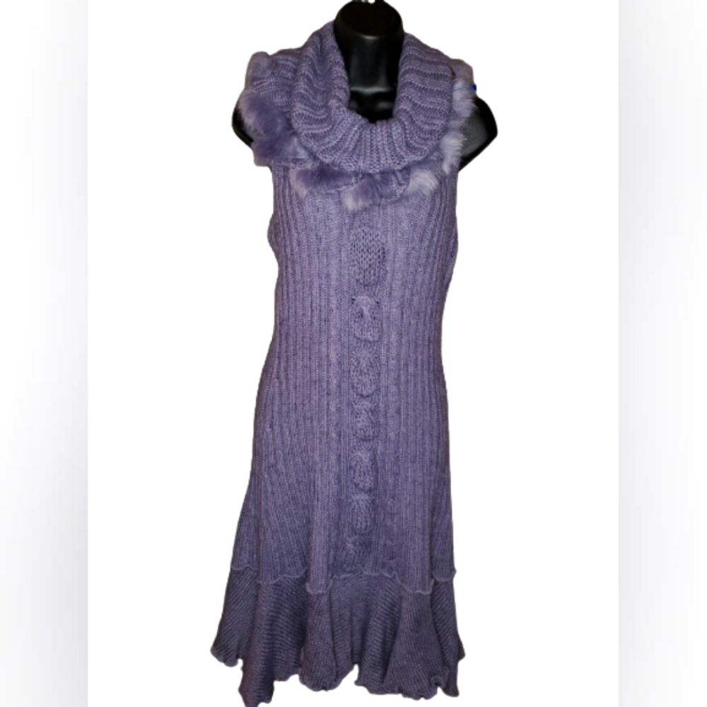 Essentials By Milano Crochet,faux fur Cowl neck,Sleeveless,Mob Wife, Midi Dress